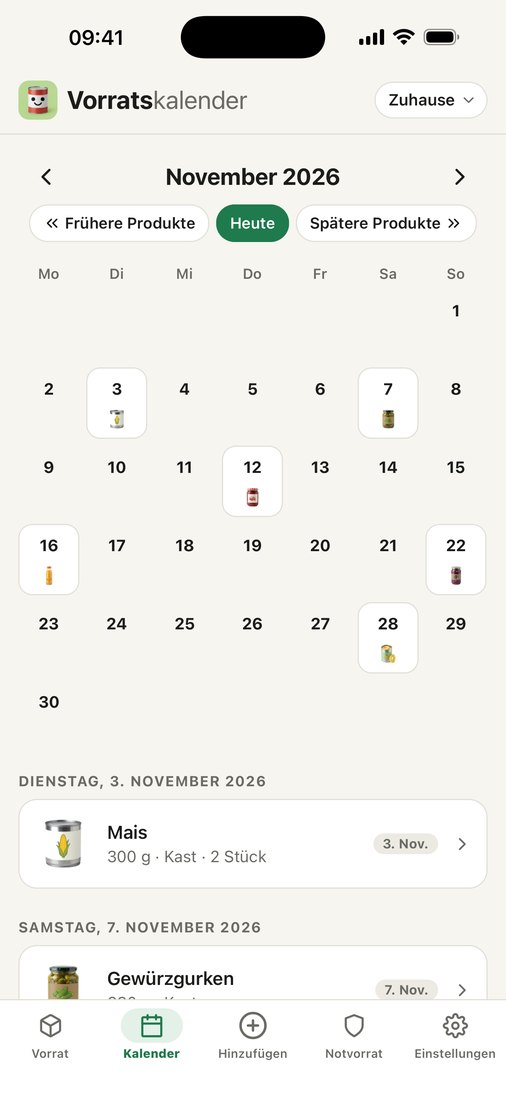 Der Bildschirm Kalender mit einem Monat, an jedem Tag die Produkte, die ablaufen, und darunter die Liste pro Tag.